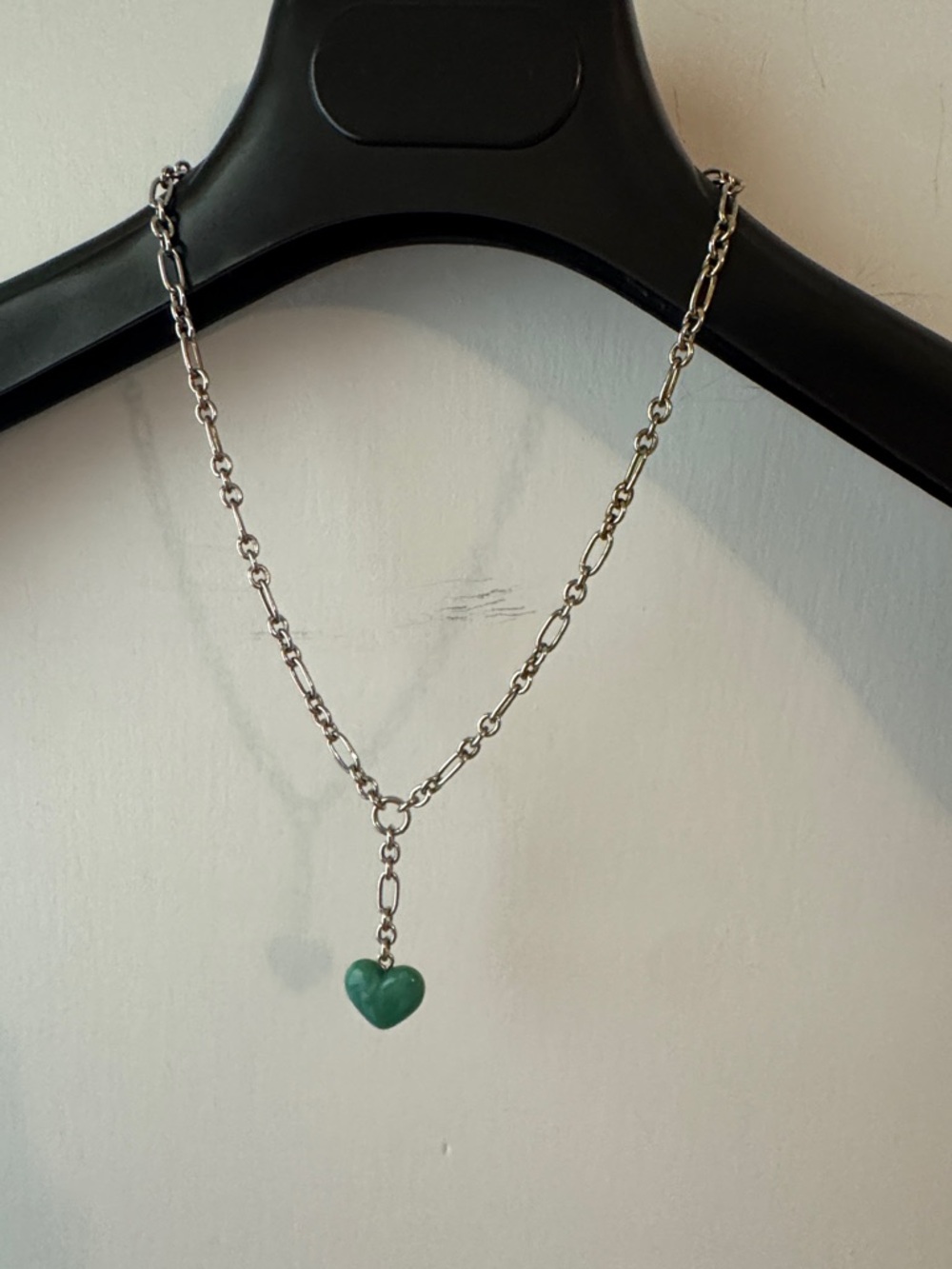 J. Crew Silver Chain Necklace with Green Heart Pendant